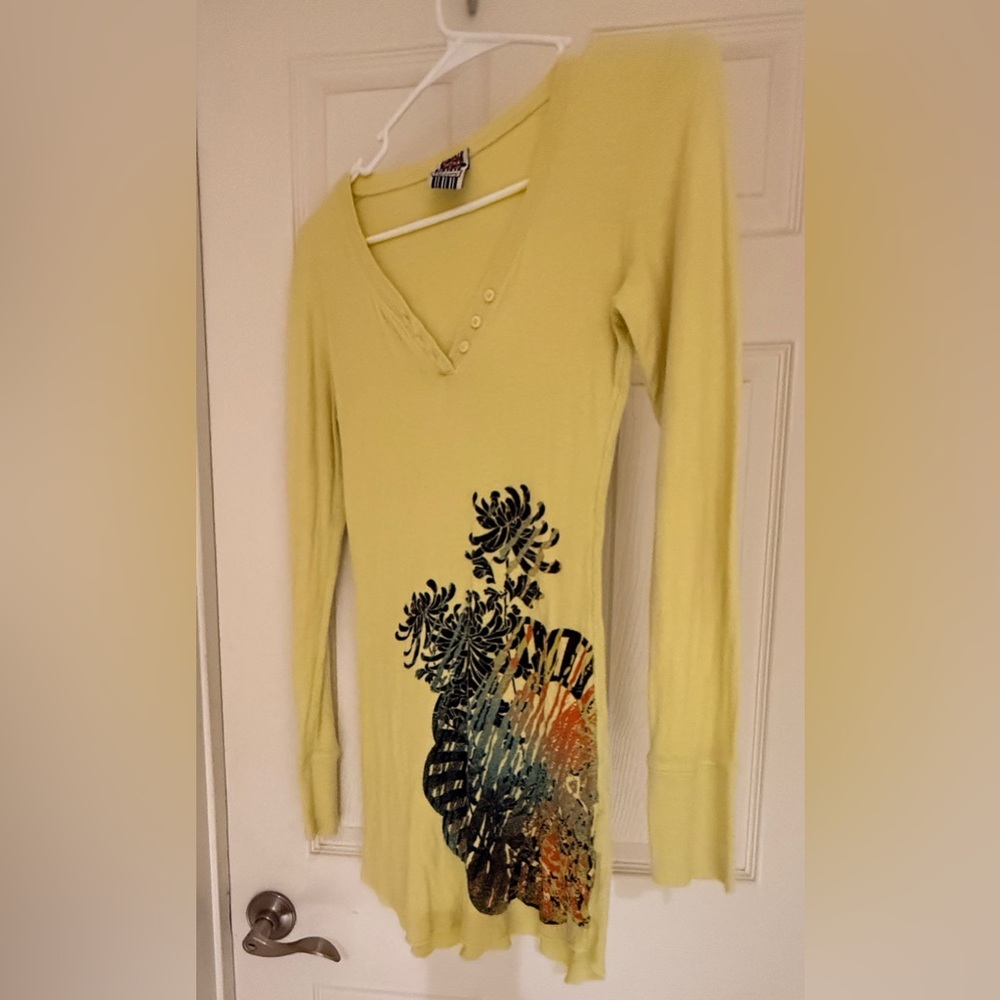 Yellow Long Sleeve Top with Black Floral Design